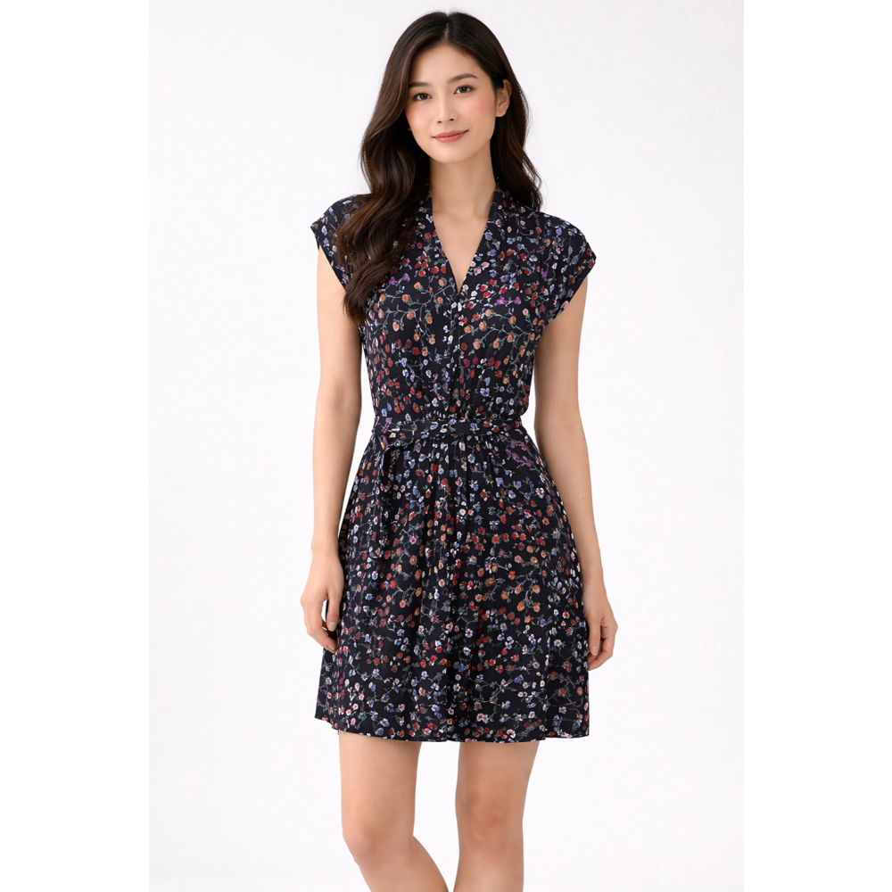 French Connection Size 2 Floral Viscose Tie Waist Dress Black Cap Sleeve Mini - Picture 9 of 9